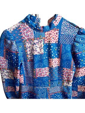 XS True Vintage Prairie Dress 70s Patchwork Maxi Dress Ruffled Disco Print 1970s